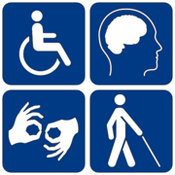 Four different white on blue disability icons in a square.