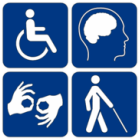 Four different white on blue disability icons in a square.